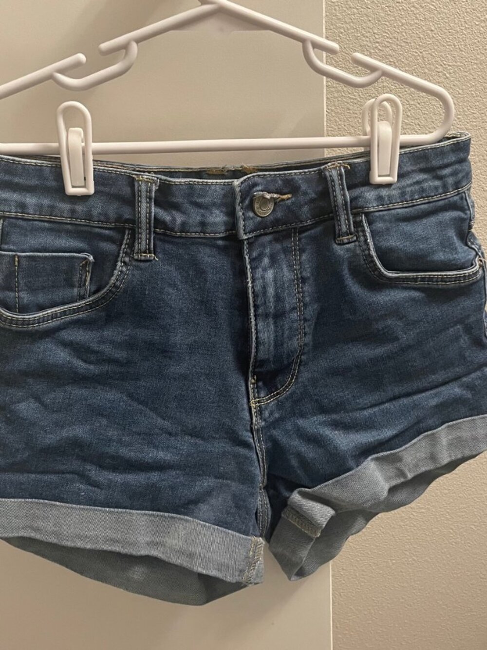Dark-Wash Denim Shorts with Cuffed Hems - Size S